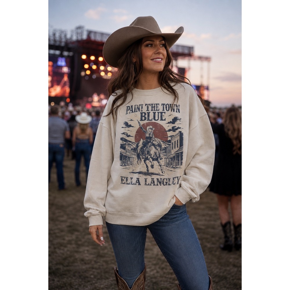 Ella Langley Paint The Town Blue Sweatshirt Tan Western Graphic Crewneck XL